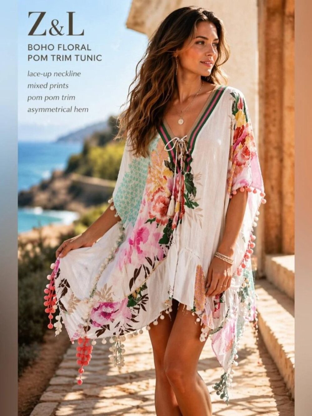 Z&L Europe Pom Pom Boho Floral Swim Cover Up M